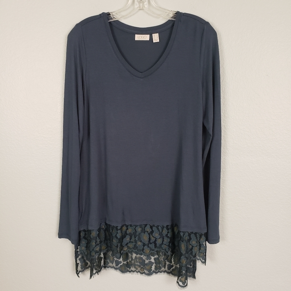 LOGO LORI GOLDSTEIN Leopard Lace Hem Long Line Top Navy Blue Sz S